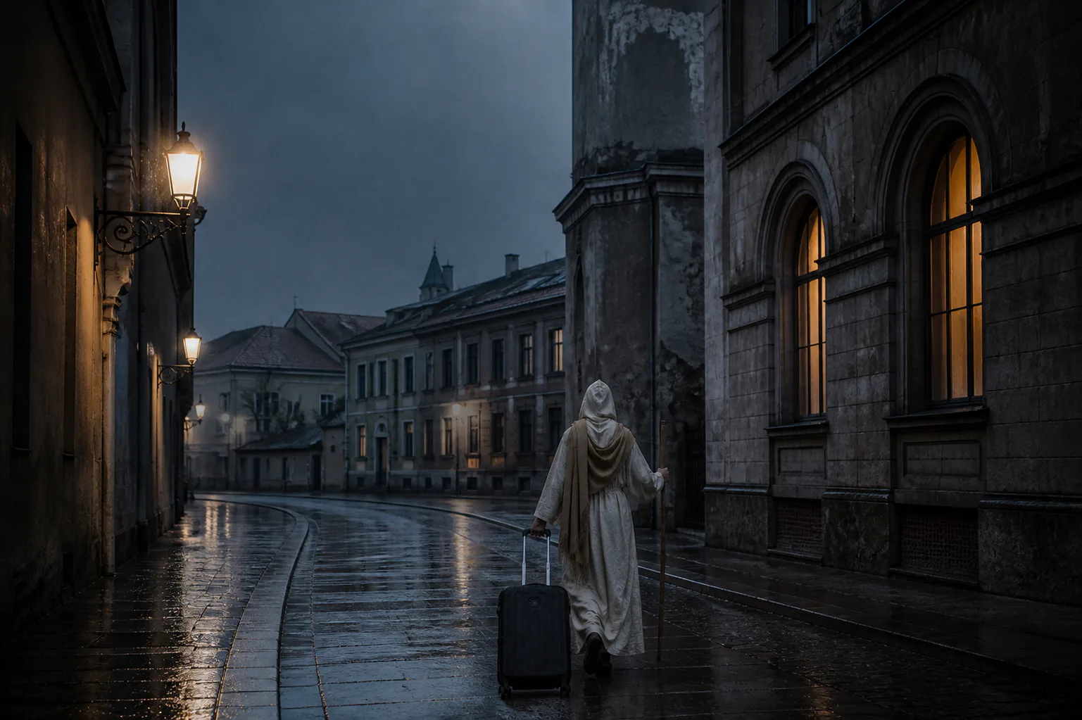 El viajero encapuchado caminando bajo la lluvia por una calle de Kaunas
